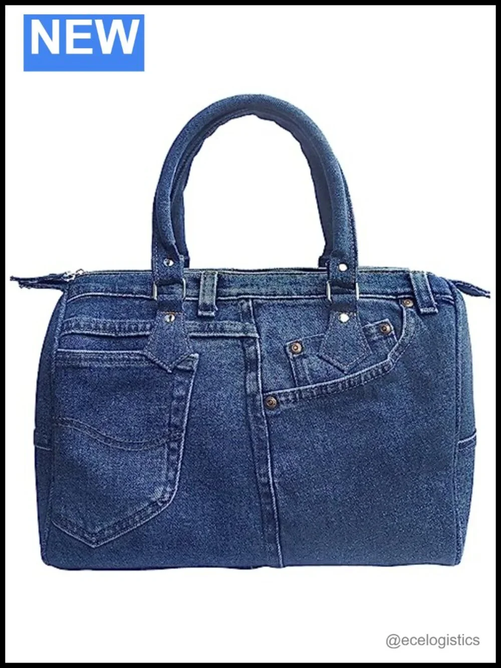 Upcycled Denim Bowler Handbag Large Top Handle Convertible Shoulder Purse